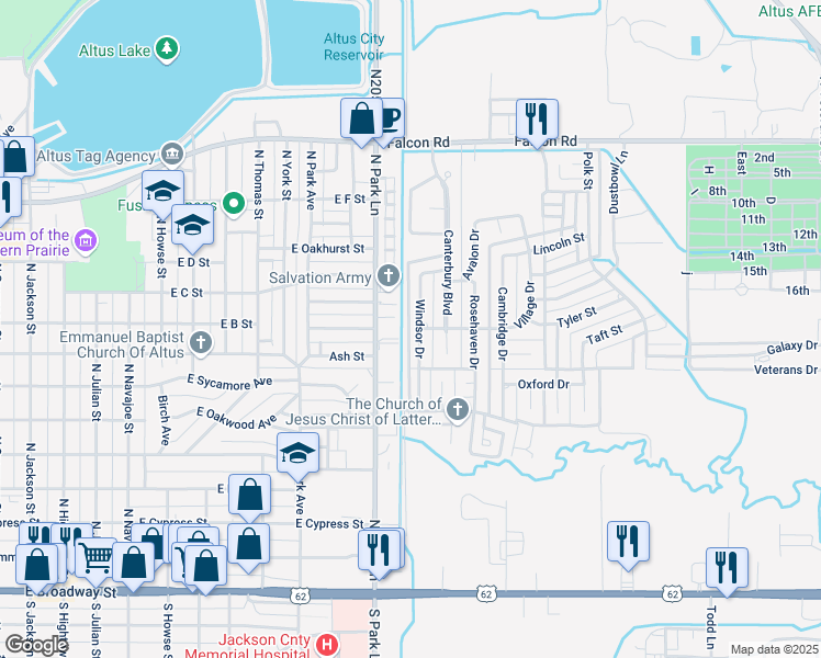 map of restaurants, bars, coffee shops, grocery stores, and more near 809 Windsor Drive in Altus