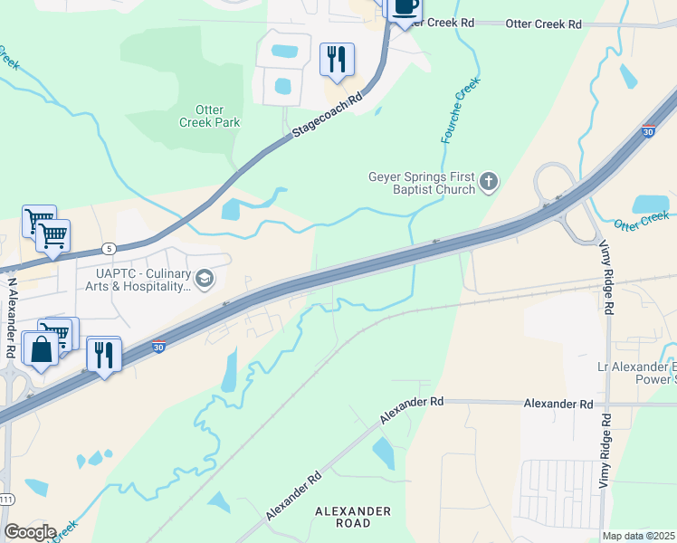 map of restaurants, bars, coffee shops, grocery stores, and more near Interstate 30 in Little Rock