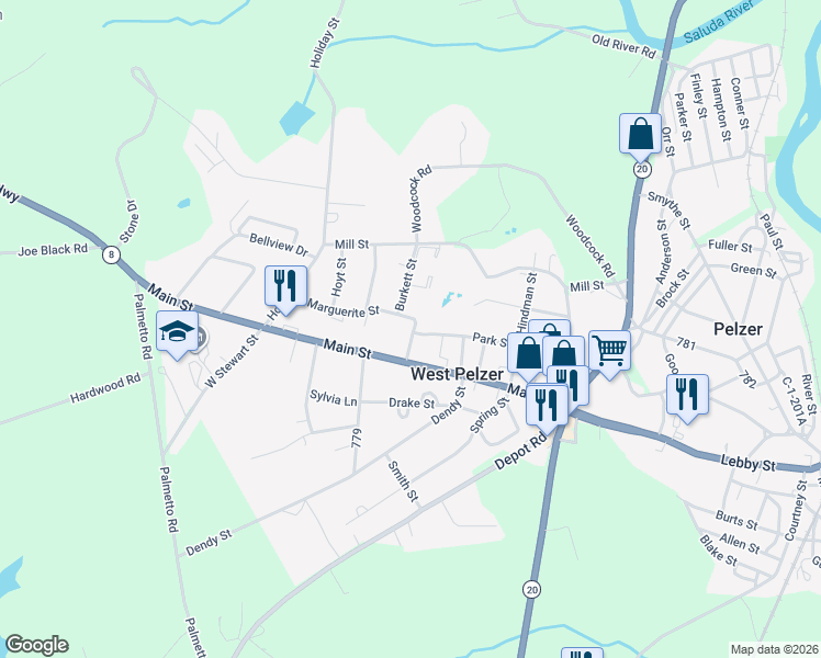 map of restaurants, bars, coffee shops, grocery stores, and more near 3 Burkett Street in Pelzer