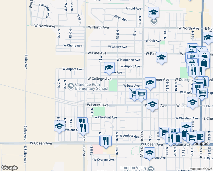 map of restaurants, bars, coffee shops, grocery stores, and more near 532 North T Street in Lompoc