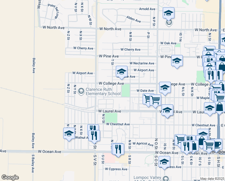 map of restaurants, bars, coffee shops, grocery stores, and more near 532 North T Street in Lompoc