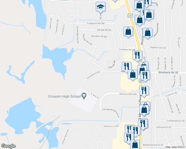 map of restaurants, bars, coffee shops, grocery stores, and more near Haysland Road Southwest in Huntsville