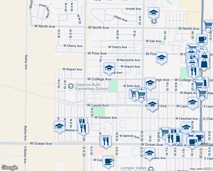 map of restaurants, bars, coffee shops, grocery stores, and more near 532 North T Street in Lompoc