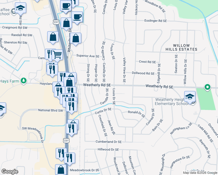 map of restaurants, bars, coffee shops, grocery stores, and more near 10001 Camille Drive Southeast in Huntsville