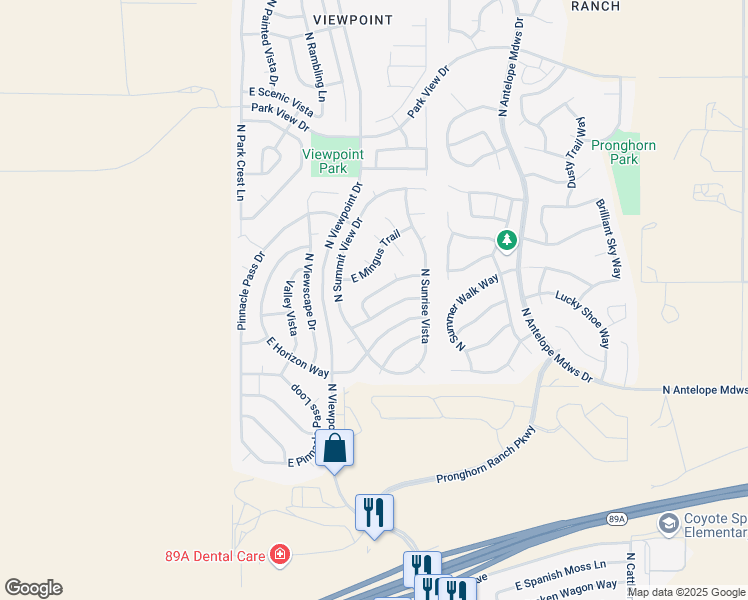 map of restaurants, bars, coffee shops, grocery stores, and more near 7287 East Mingus Trail in Prescott Valley