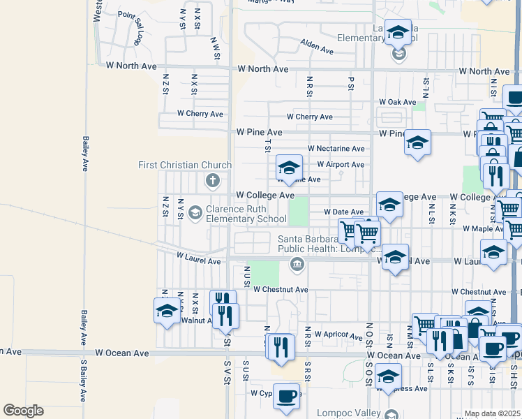 map of restaurants, bars, coffee shops, grocery stores, and more near 536 North U Street in Lompoc