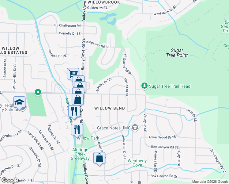 map of restaurants, bars, coffee shops, grocery stores, and more near 8004 Allison Drive Southeast in Huntsville