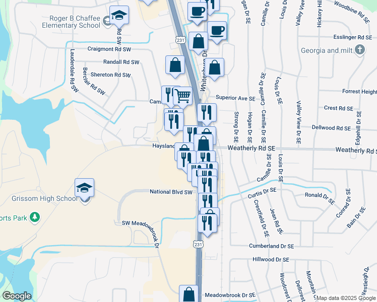 map of restaurants, bars, coffee shops, grocery stores, and more near 10002 Memorial Parkway Southwest in Huntsville