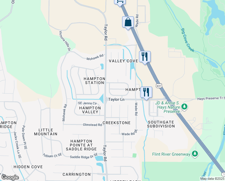 map of restaurants, bars, coffee shops, grocery stores, and more near 5009 Blakemore Drive Southeast in Owens Cross Roads
