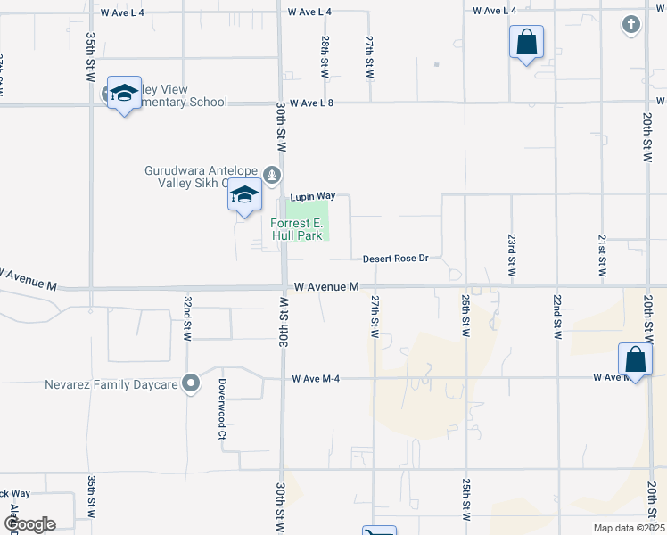 map of restaurants, bars, coffee shops, grocery stores, and more near Desert Rose Drive in Lancaster