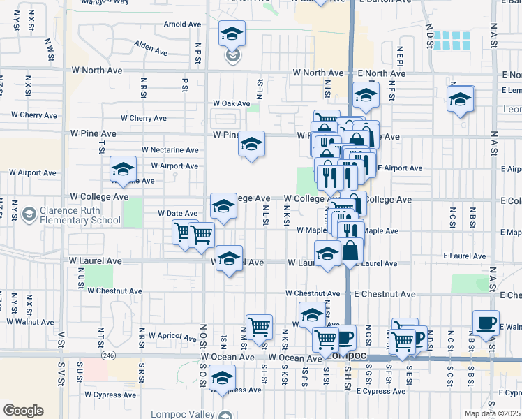 map of restaurants, bars, coffee shops, grocery stores, and more near 537 North L Street in Lompoc