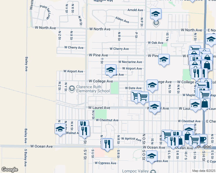 map of restaurants, bars, coffee shops, grocery stores, and more near 532 North T Street in Lompoc