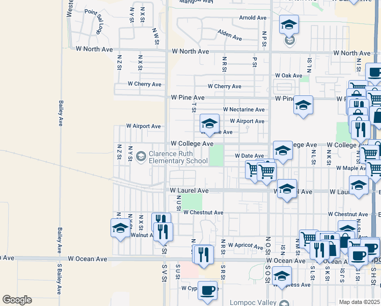 map of restaurants, bars, coffee shops, grocery stores, and more near 536 North U Street in Lompoc