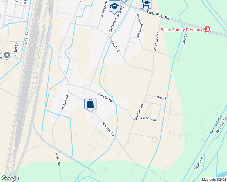 map of restaurants, bars, coffee shops, grocery stores, and more near 55 Serafin Road in Belen
