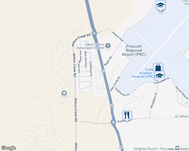 map of restaurants, bars, coffee shops, grocery stores, and more near 6148 Antelope Villas Circle in Prescott
