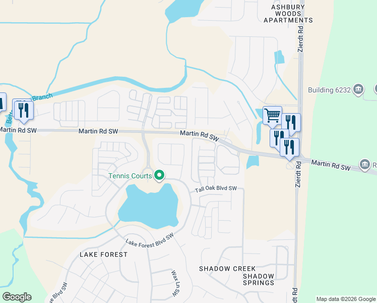 map of restaurants, bars, coffee shops, grocery stores, and more near 18 Maple Grove Boulevard Southwest in Huntsville