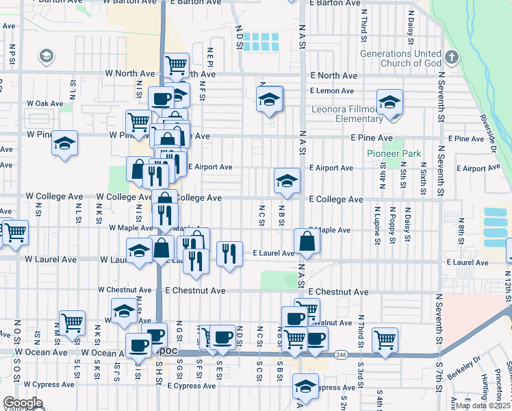 map of restaurants, bars, coffee shops, grocery stores, and more near 600 North Larkspur Street in Lompoc