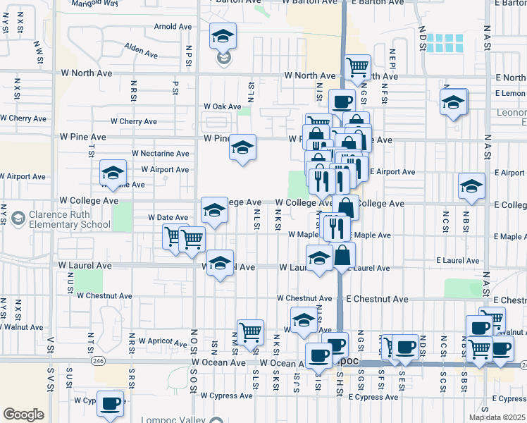 map of restaurants, bars, coffee shops, grocery stores, and more near 537 North K Street in Lompoc
