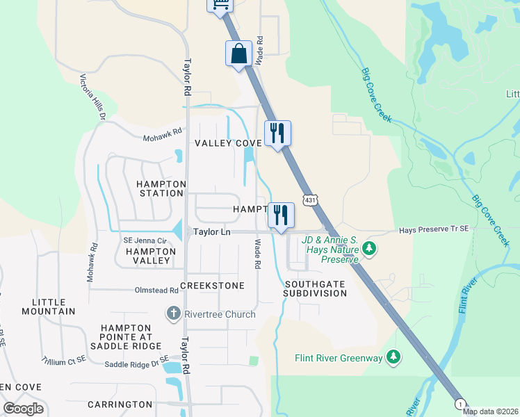 map of restaurants, bars, coffee shops, grocery stores, and more near 497 Wade Road in Owens Cross Roads