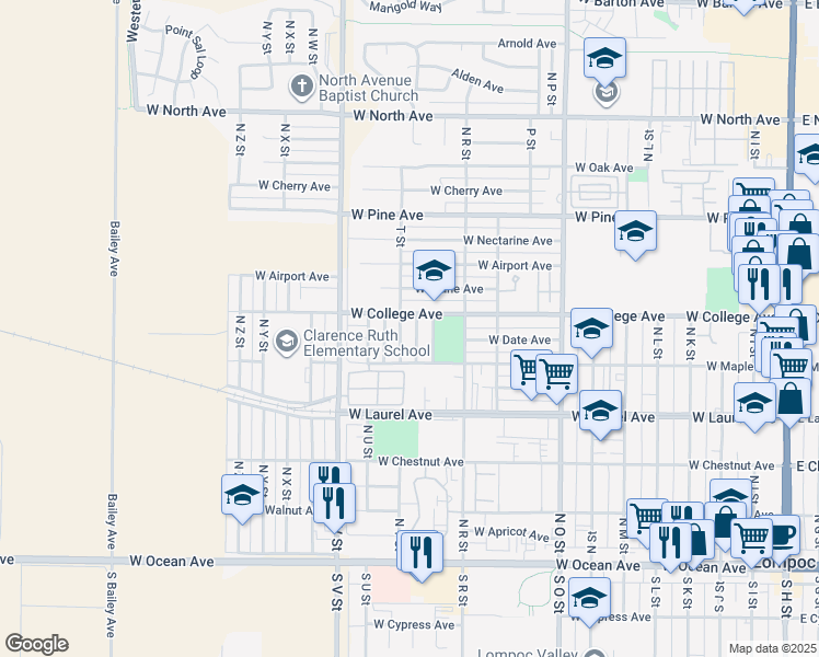 map of restaurants, bars, coffee shops, grocery stores, and more near 528 North T Street in Lompoc
