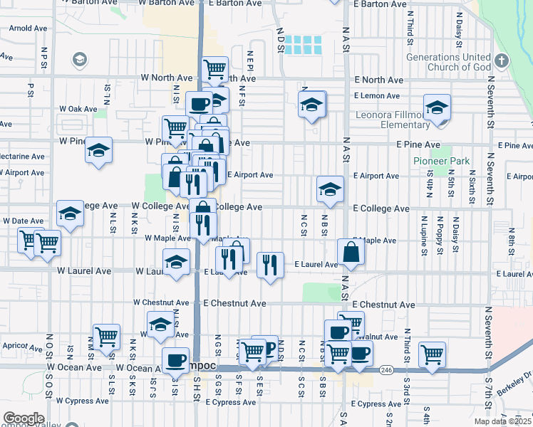 map of restaurants, bars, coffee shops, grocery stores, and more near 534 North E Street in Lompoc
