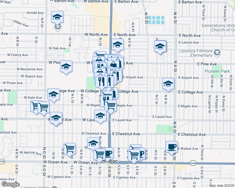 map of restaurants, bars, coffee shops, grocery stores, and more near 538 East College Avenue in Lompoc