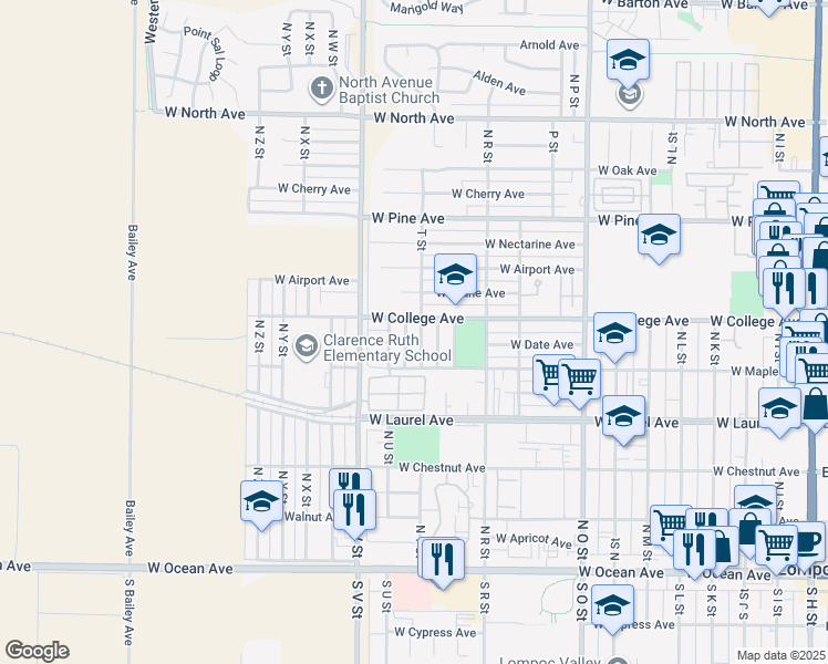 map of restaurants, bars, coffee shops, grocery stores, and more near 536 North U Street in Lompoc
