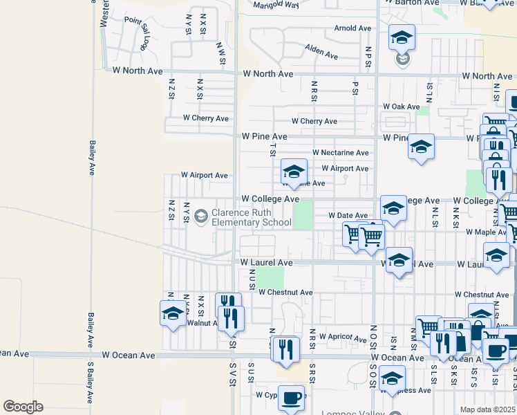 map of restaurants, bars, coffee shops, grocery stores, and more near 536 North U Street in Lompoc