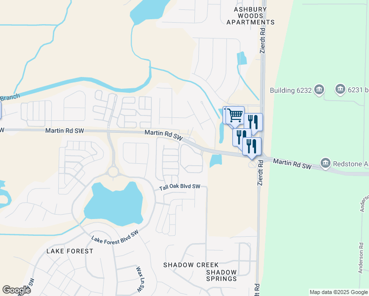 map of restaurants, bars, coffee shops, grocery stores, and more near 240 Martin Road Southwest in Huntsville