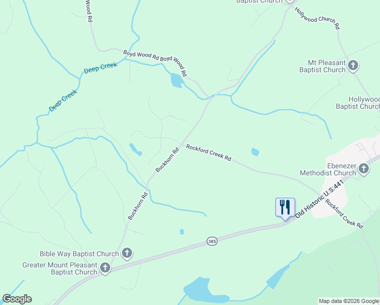 map of restaurants, bars, coffee shops, grocery stores, and more near 2607 Rockford Creek Road in Clarkesville