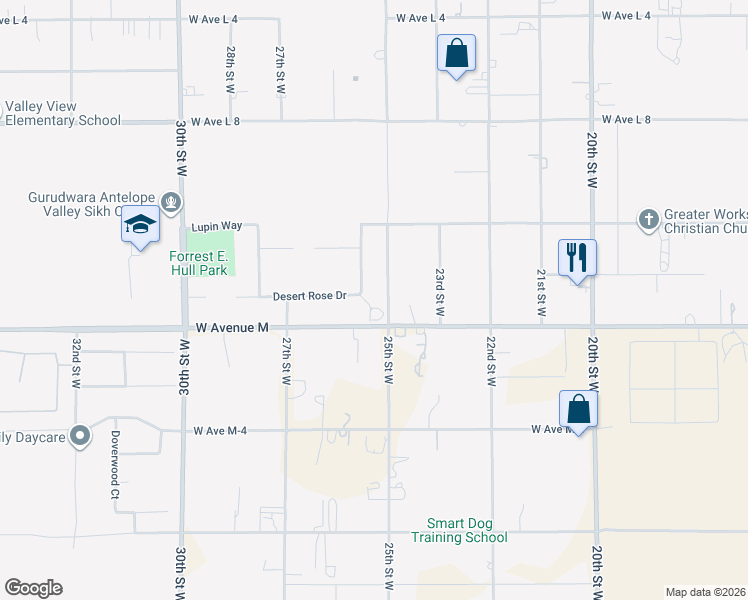 map of restaurants, bars, coffee shops, grocery stores, and more near 42036 Desert Sage Avenue in Lancaster