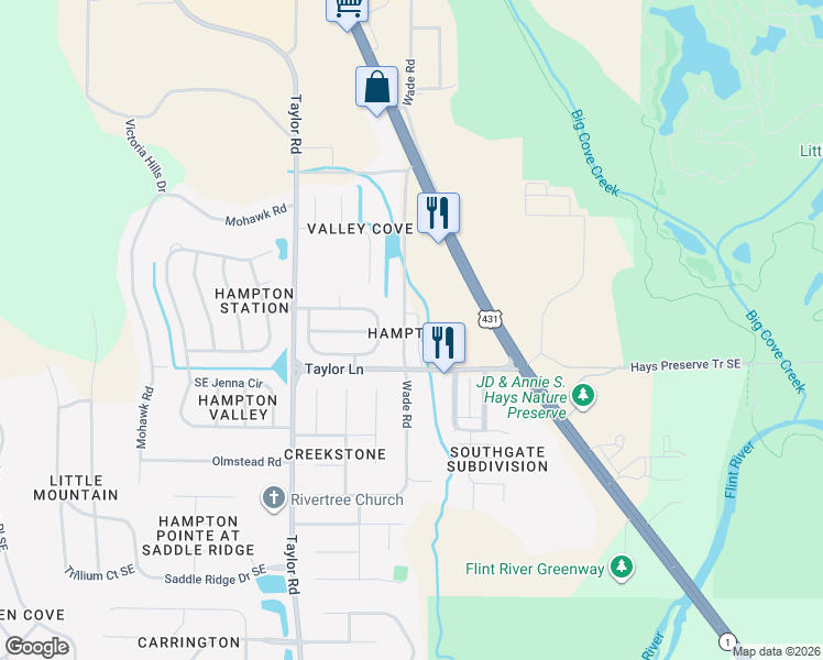 map of restaurants, bars, coffee shops, grocery stores, and more near 497 Wade Road in Owens Cross Roads