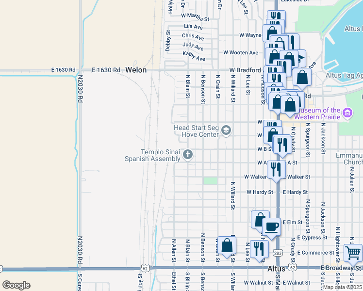 map of restaurants, bars, coffee shops, grocery stores, and more near 949-999 North Blain Street in Altus