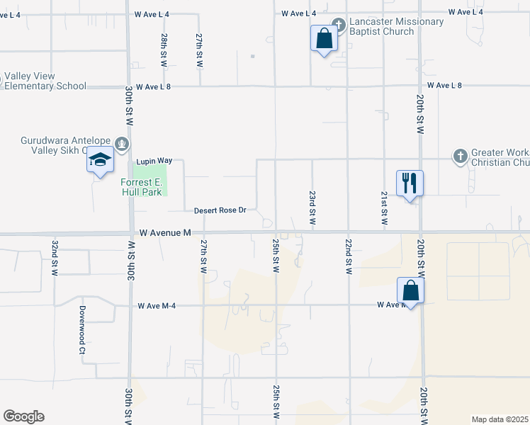 map of restaurants, bars, coffee shops, grocery stores, and more near 42036 Desert Sage Avenue in Lancaster