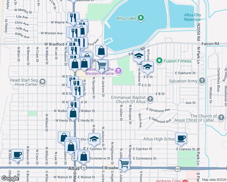 map of restaurants, bars, coffee shops, grocery stores, and more near 908 North Hightower Street in Altus