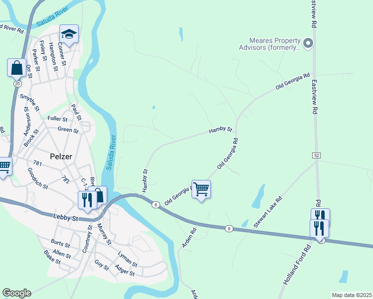 map of restaurants, bars, coffee shops, grocery stores, and more near 304 Hamby Street in Pelzer
