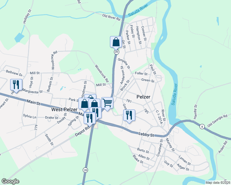 map of restaurants, bars, coffee shops, grocery stores, and more near 305 Anderson Street in Pelzer