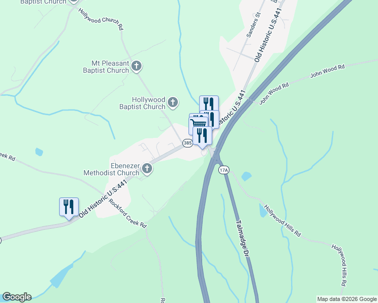 map of restaurants, bars, coffee shops, grocery stores, and more near 4312 Hollywood Highway in Clarkesville