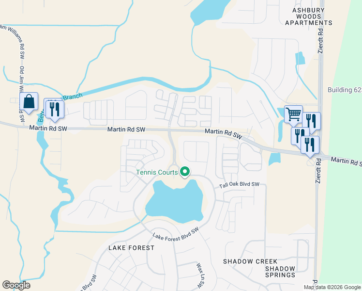 map of restaurants, bars, coffee shops, grocery stores, and more near 50 Maple Grove Boulevard Southwest in Huntsville