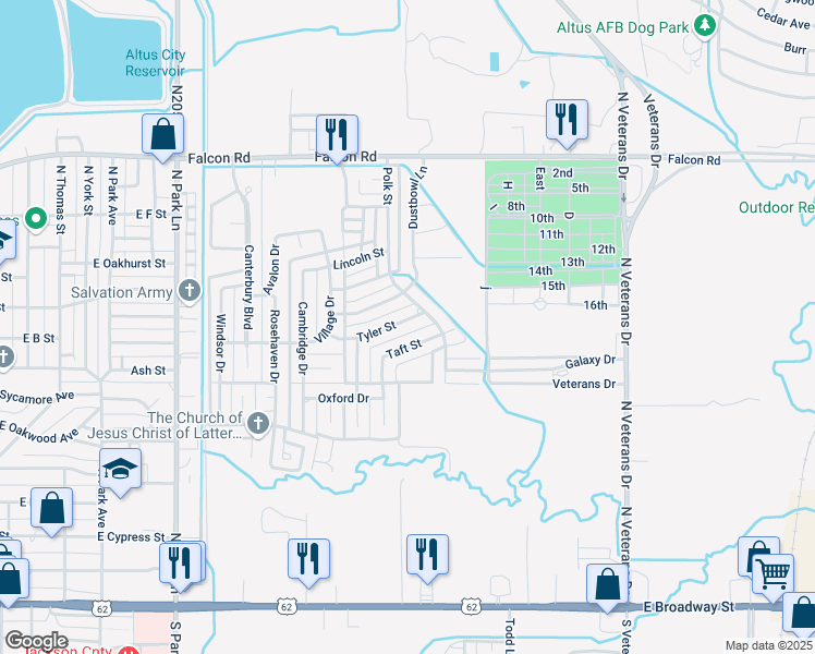 map of restaurants, bars, coffee shops, grocery stores, and more near 1900 Tyler Street in Altus