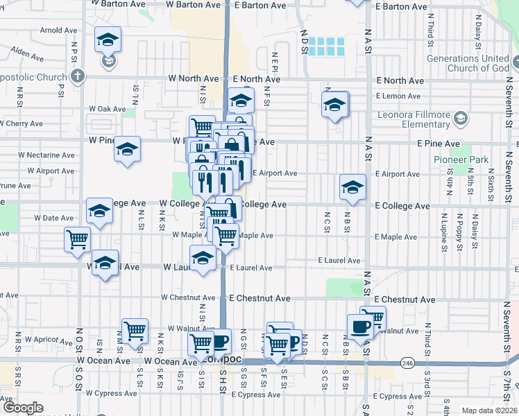 map of restaurants, bars, coffee shops, grocery stores, and more near 539 North F Street in Lompoc