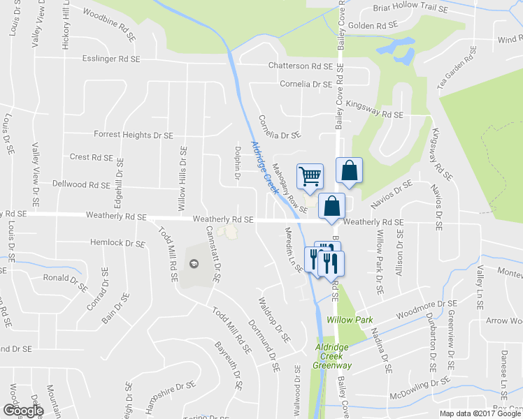 map of restaurants, bars, coffee shops, grocery stores, and more near 9917 Willow Cove Road Southeast in Huntsville