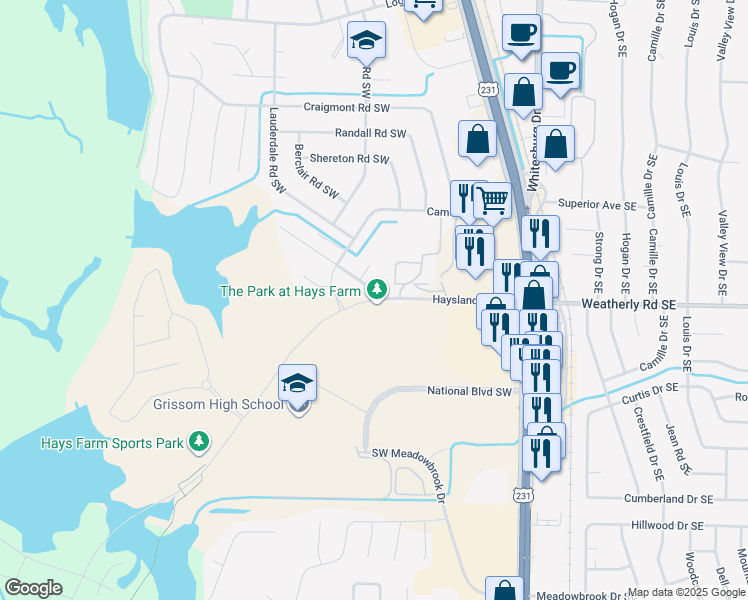 map of restaurants, bars, coffee shops, grocery stores, and more near 598 Haysland Road Southwest in Huntsville