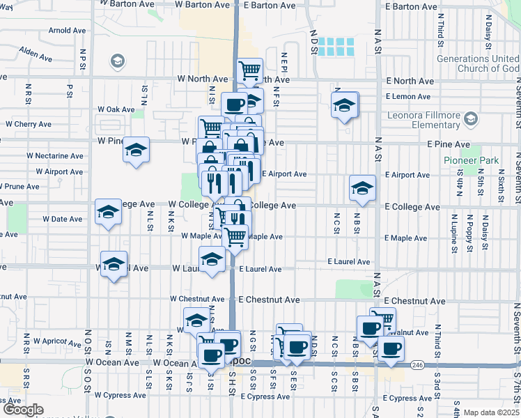 map of restaurants, bars, coffee shops, grocery stores, and more near 200 E College Ave in Lompoc