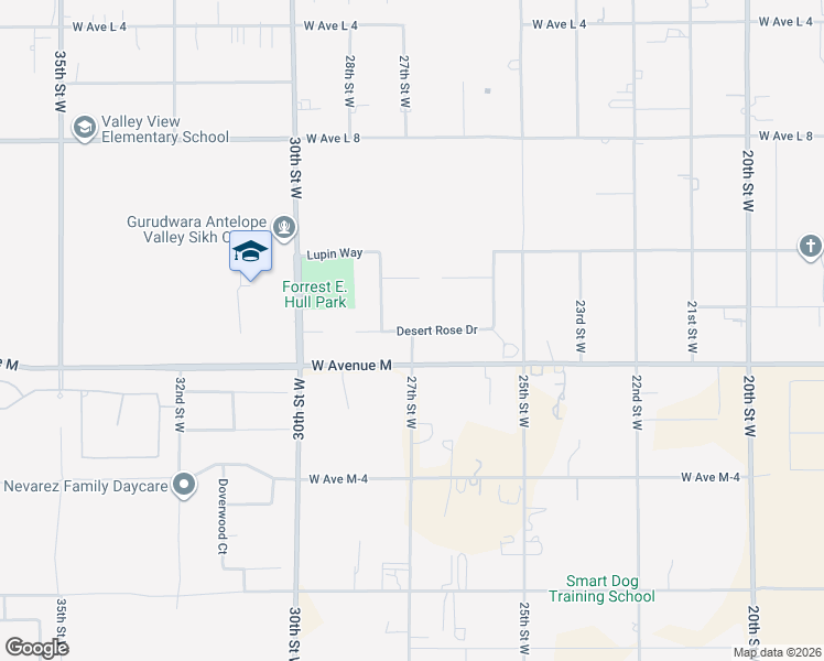 map of restaurants, bars, coffee shops, grocery stores, and more near Desert Rose Drive in Lancaster