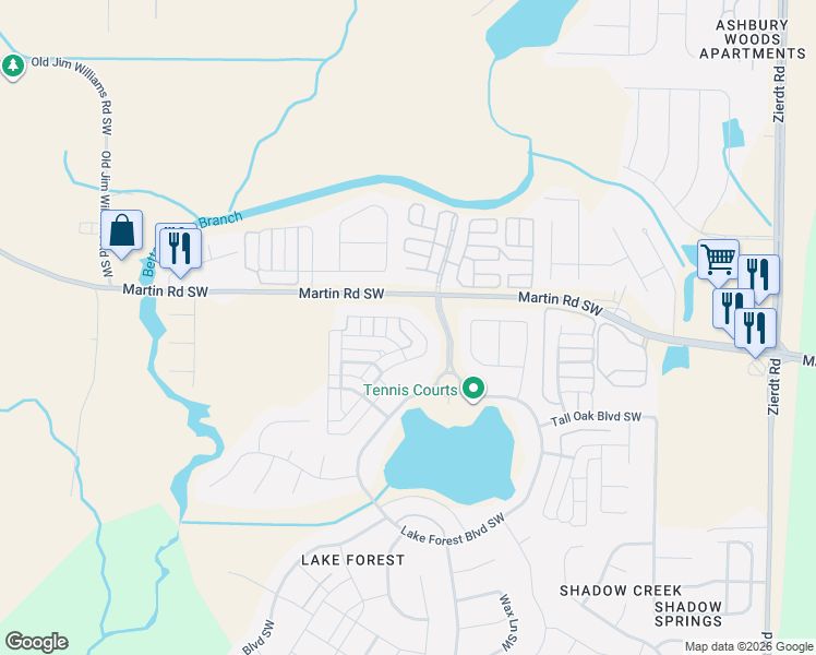 map of restaurants, bars, coffee shops, grocery stores, and more near 23 Cypress Grove Lane Southwest in Huntsville