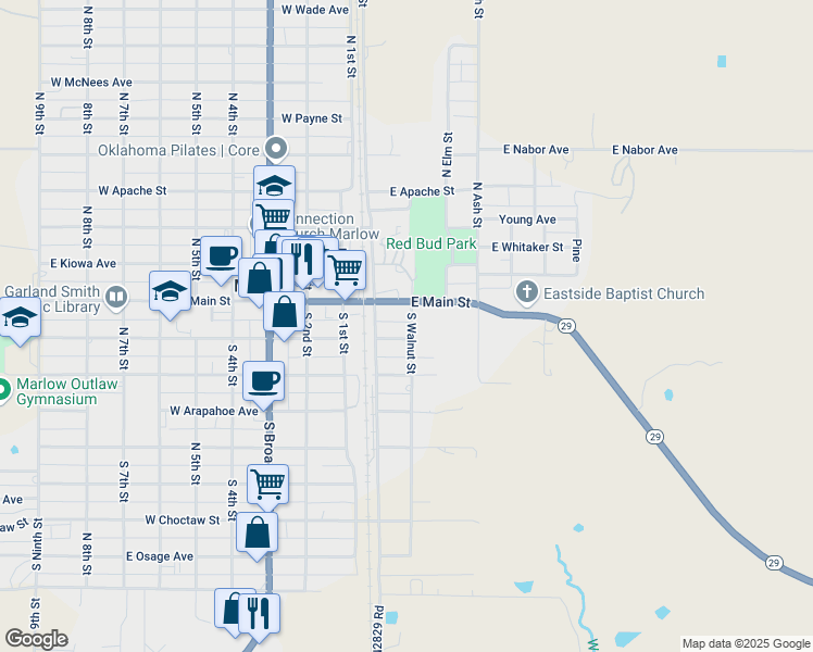 map of restaurants, bars, coffee shops, grocery stores, and more near 210 East Main Street in Marlow