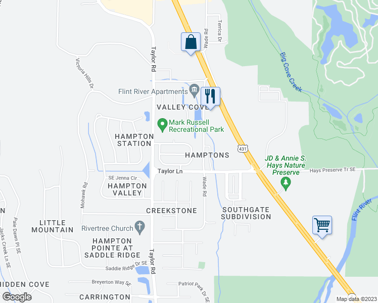 map of restaurants, bars, coffee shops, grocery stores, and more near 5021 Blakemore Drive Southeast in Owens Cross Roads