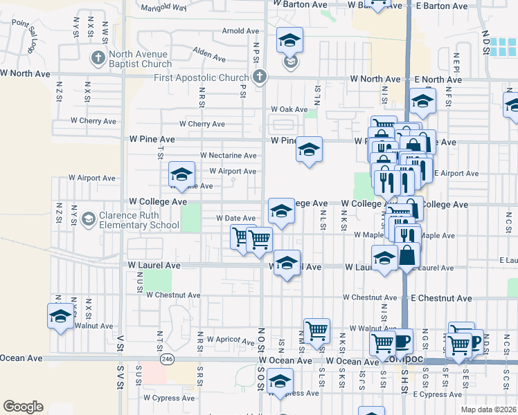 map of restaurants, bars, coffee shops, grocery stores, and more near 536 North O Street in Lompoc