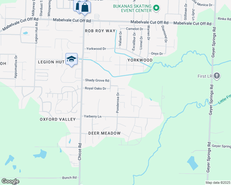 map of restaurants, bars, coffee shops, grocery stores, and more near 11304 Ponderosa Drive in Little Rock